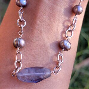 Gorgeous iolite peacock pearl 925 sterling silver chunky link necklace